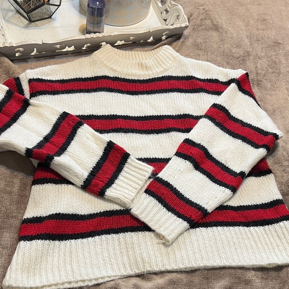 Rebecca Minkoff Cream Knit Crewneck Sweater with Red & Black Stripes -Size Large